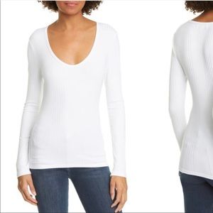 Frame Denim White Ribbed Long Sleeve U Neck Top